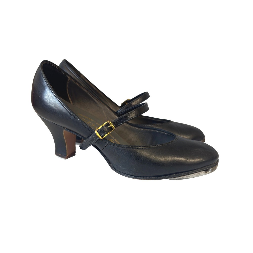 Capezio On-Stage Fashion Black Leather Mary Jane Tap Shoes Women 5.5 Vintage JS